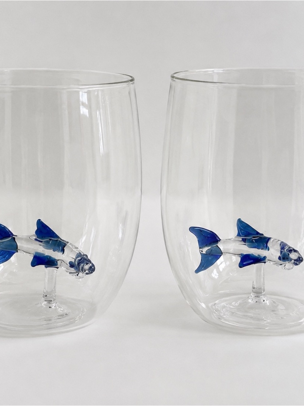 Stemless Wine Glass with Blue Fin Shark Blown Glass Accent Bar Glasses